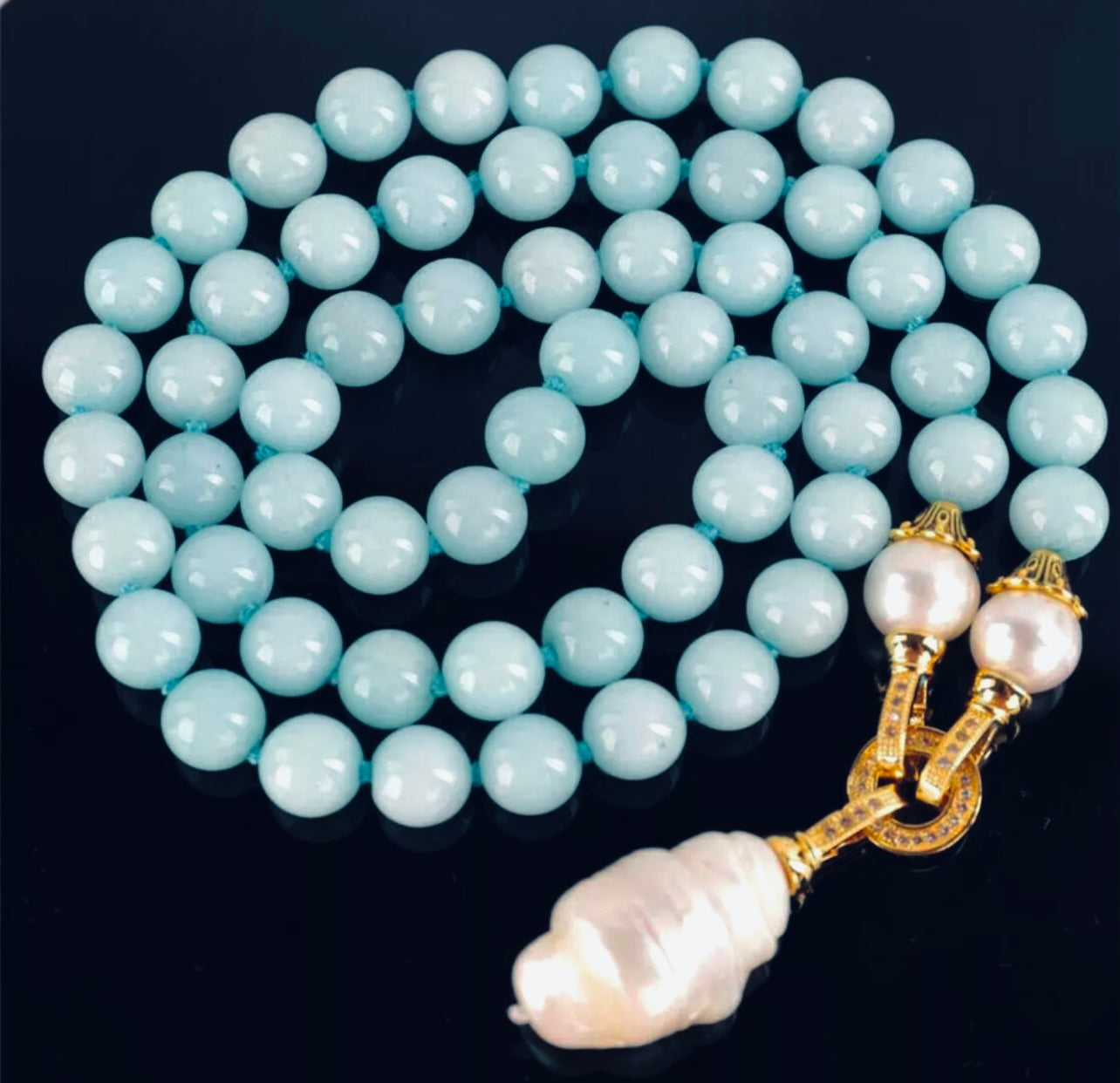 Keshi Pearl Drop & Aquamarine Gemstone Double-Knotted Statement Necklace 18"