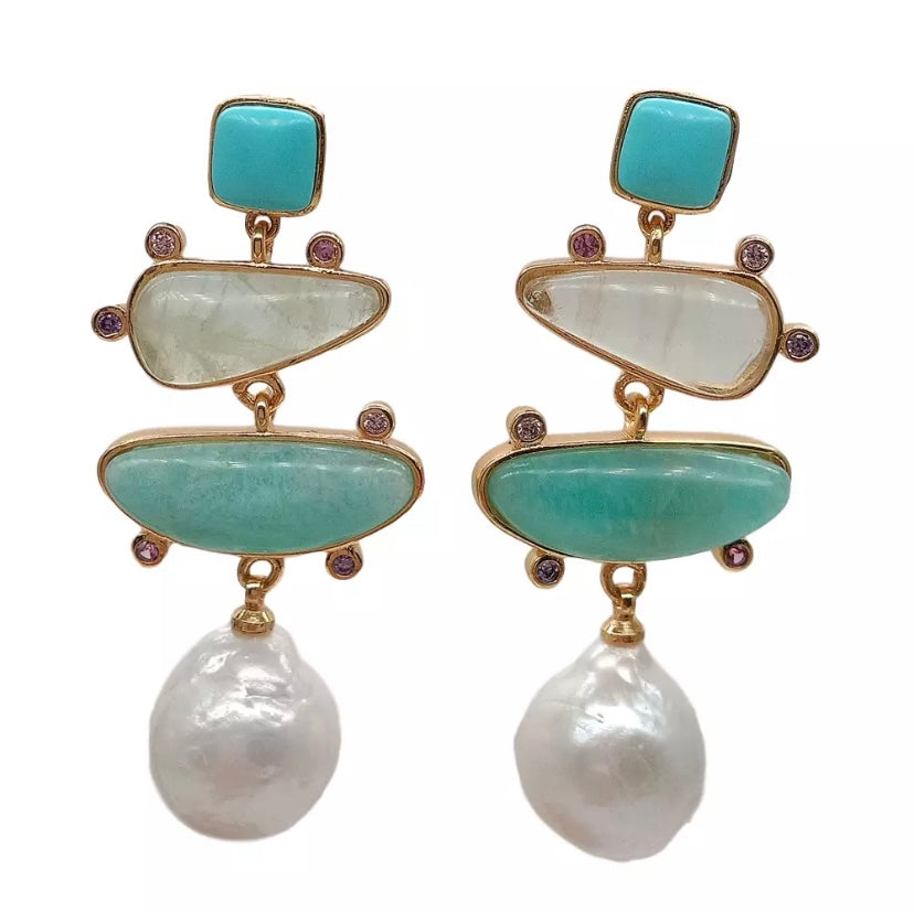 Lovely Turquoise, Prehnite Pearl & Amazonite Gemstone Gold Statement Earrings 1.8”