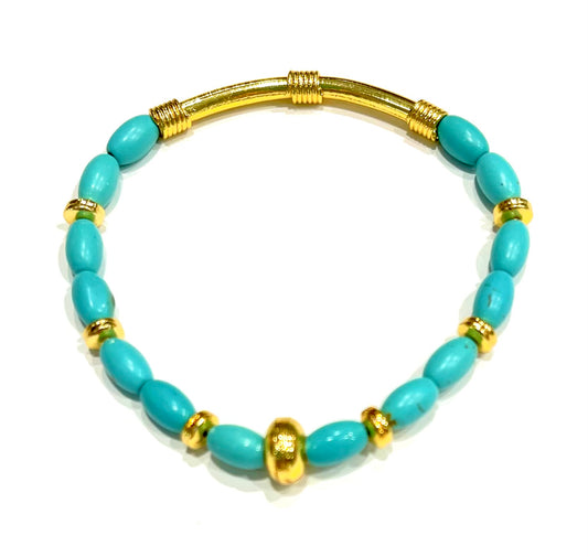 Dainty Turquoise Gemstone & Bali Gold Tube Bracelet