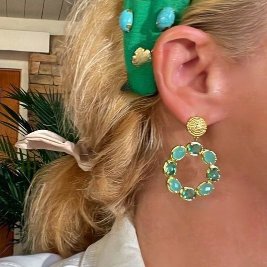 Aqua Chalcedony Gemstone Gold Twisted Statement Earrings 2”