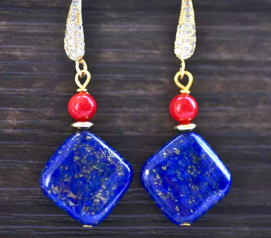 Lapis Lazuli & Red Coral Gemstone Gold Dangle Earrings 1.5