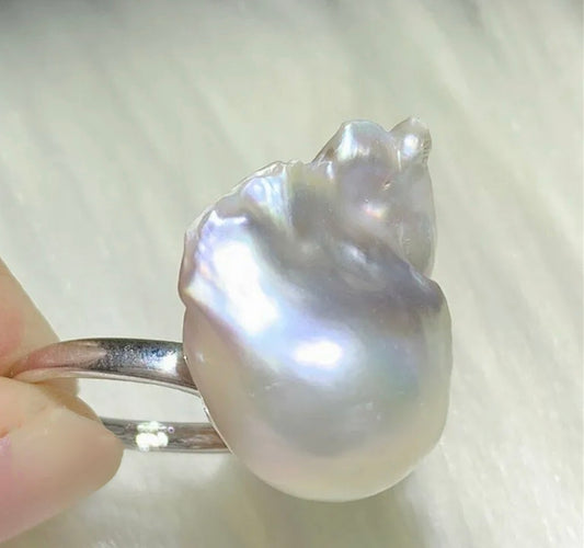 Freeform White Baroque Pearl Silver Adjustable Ring