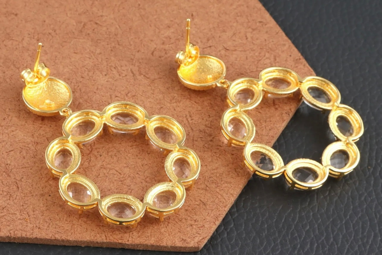 Translucent Chalcedony Gemstone Gold Twisted Statement Earrings 2”