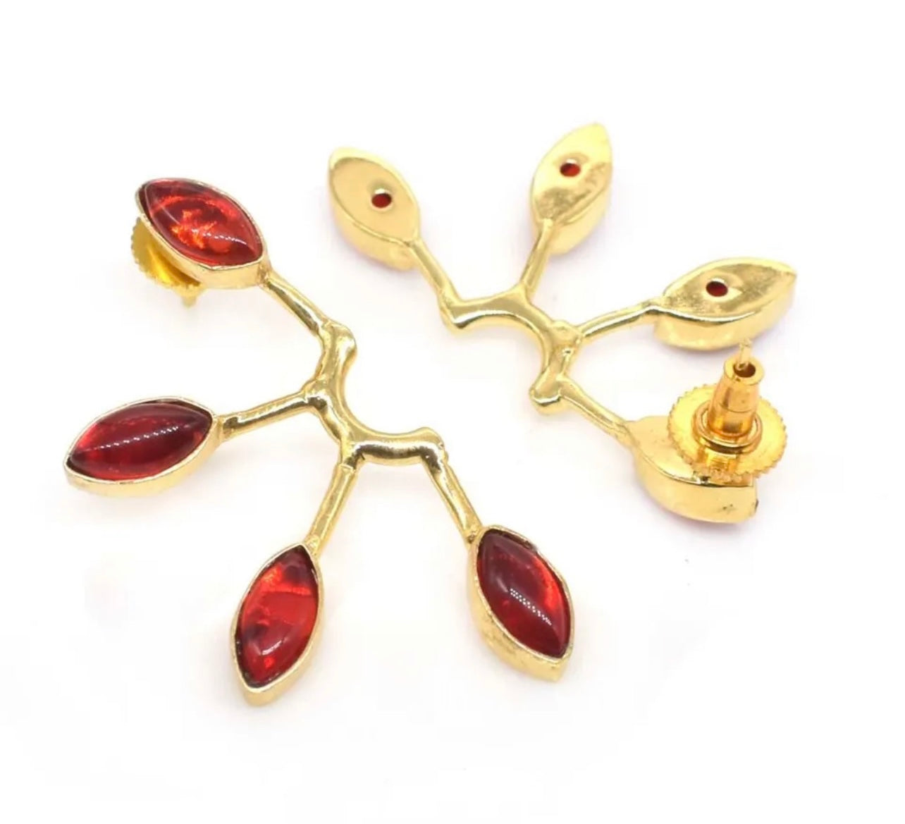 Red Garnet Quartz Marquis Sun Ray Statement Earrings 2”