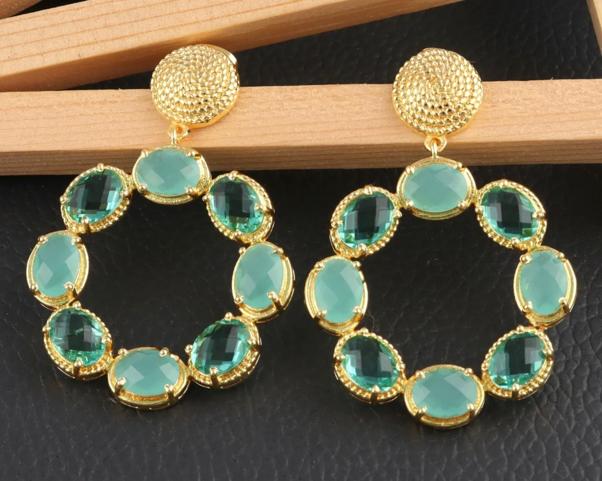 Aqua Chalcedony Gemstone Gold Twisted Statement Earrings 2”