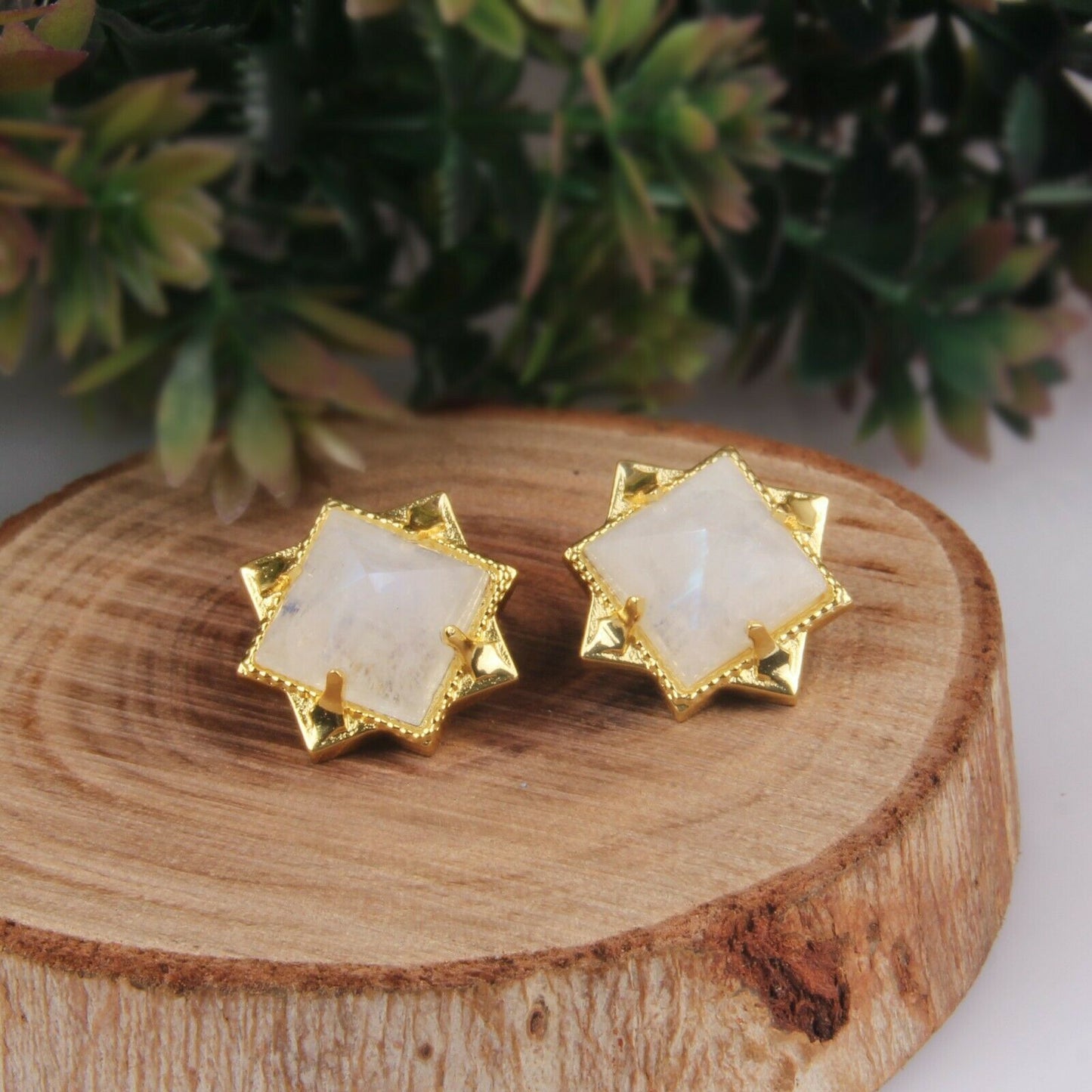 White Moonstone Pyramid Stud Earrings