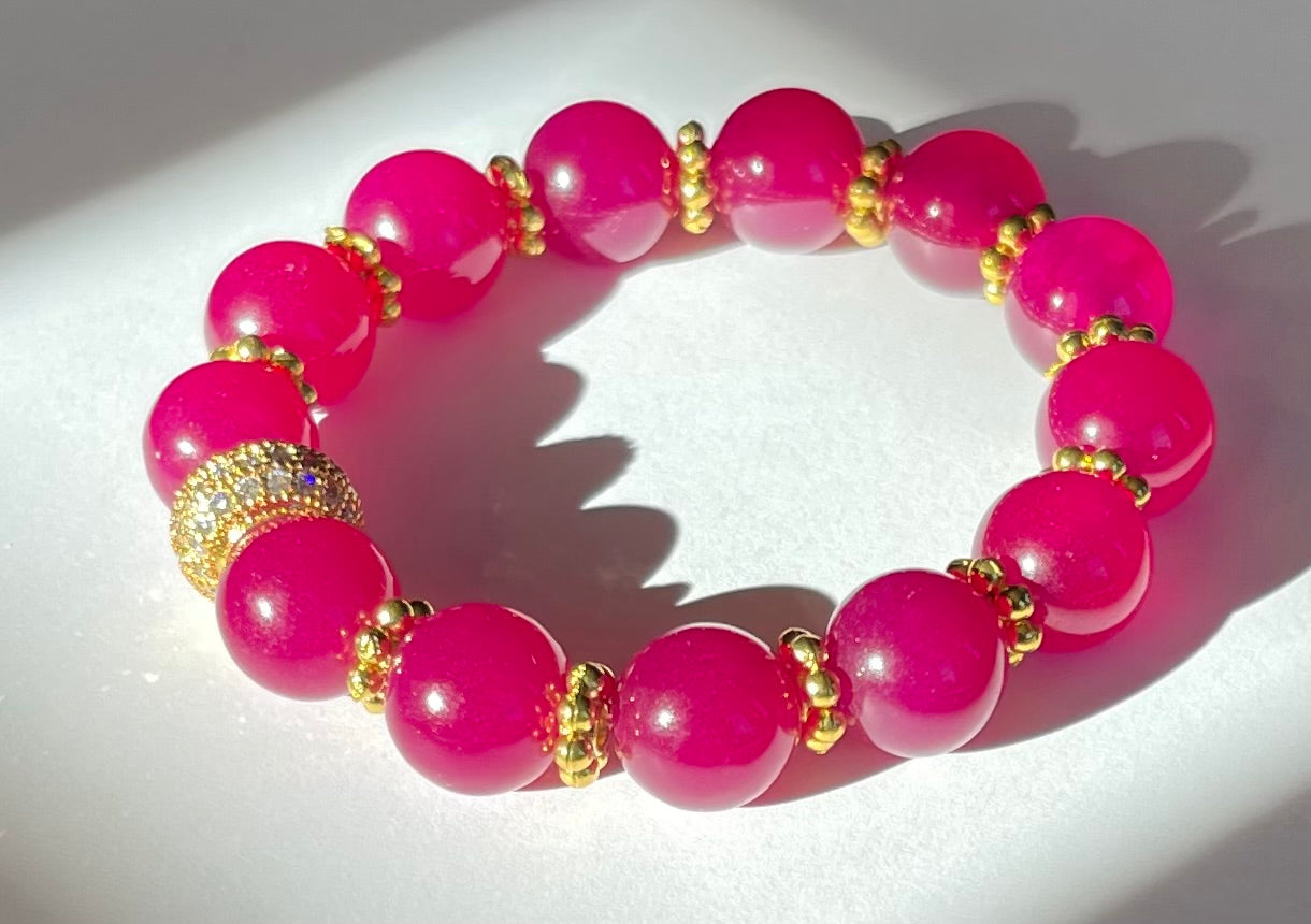 Rose Ruby Quartz Pave Gold Beaded Bracelet