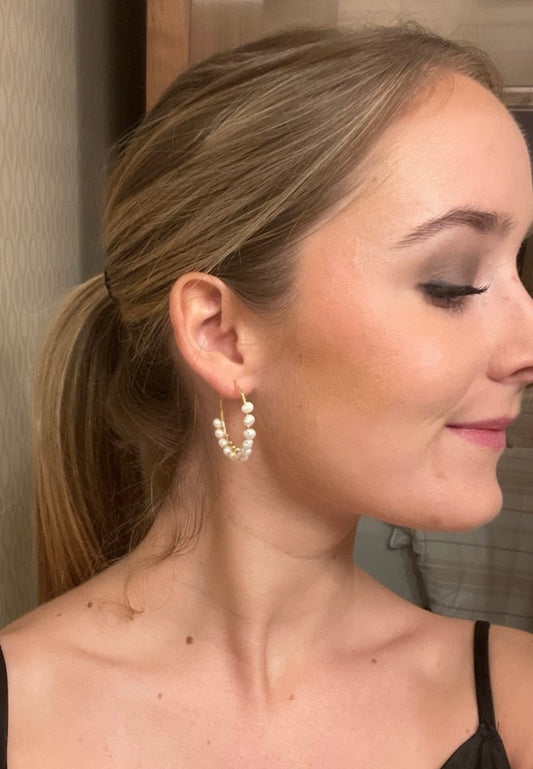 Medium-Size Gold Freshwater Pearl Hoop Earrings