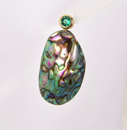 Iridescent Rainbow Abalone Shell Green Pave Stud Statement Earrings 1.5