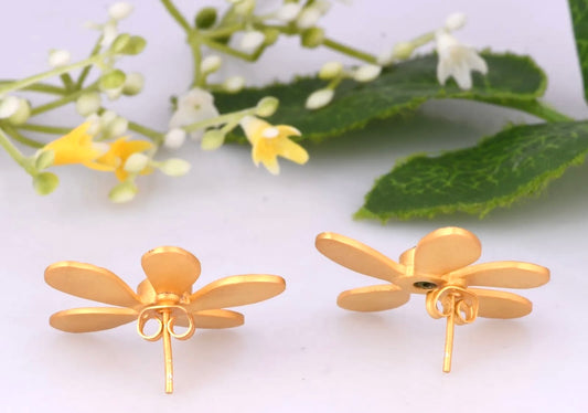 Gold Vermeil Green Onyx Gemstone Flower Statement Studs 1.5”