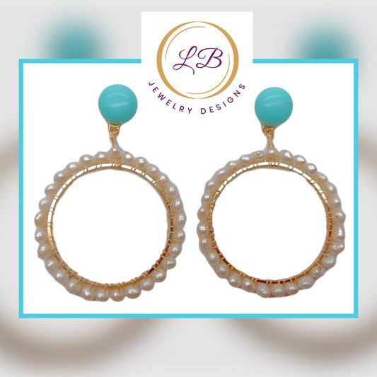 Freshwater Pearls and Sleeping BeautyTurquoise Hoops 1.37