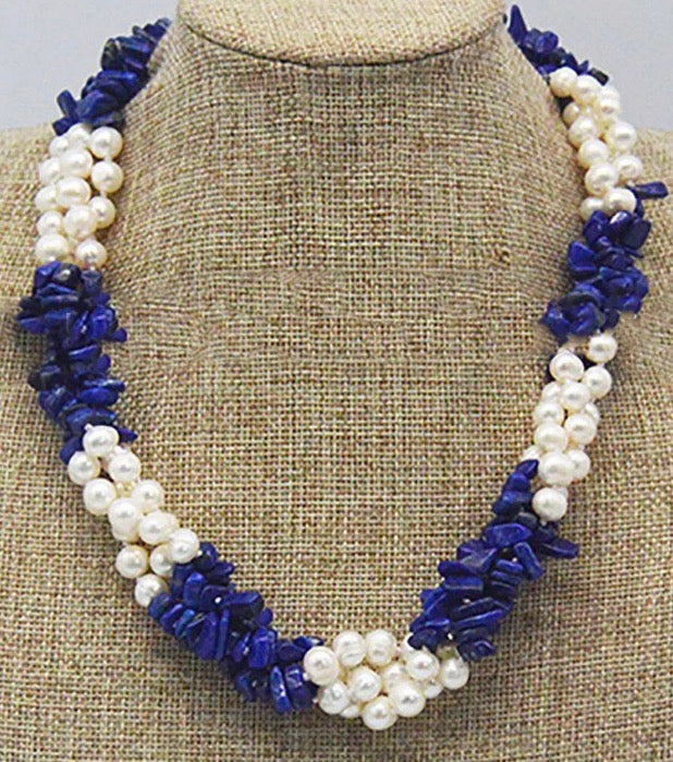 Lapis Lazuli & Freshwater Pearls Gemstone Triple-Strand Statement Necklace 18"