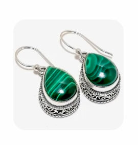 Sterling Silver Tear-Shaped Malachite Gemstone Dangle Earrings 1.5”