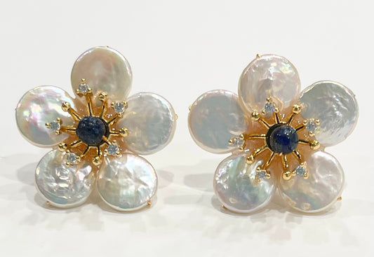Pearl Petals & Lapis Lazuli Flower Statement Earrings 1
