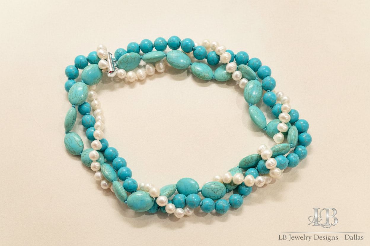 Turquoise & Freshwater Pearl Triple-Strand Statement Necklace - Turquoise Gemstone Layered Necklace