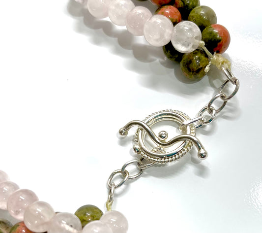 Natural Unakite and Rose Quartz Gemstone Triple-Strand Statement Necklace 24