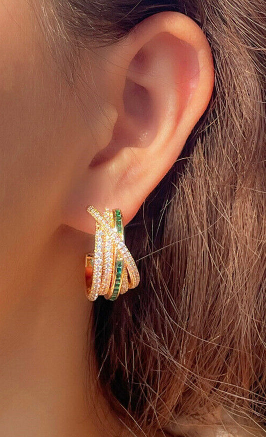 Dazzling Twisted Green & White Zirconia Pave Open Hoops 1.02”