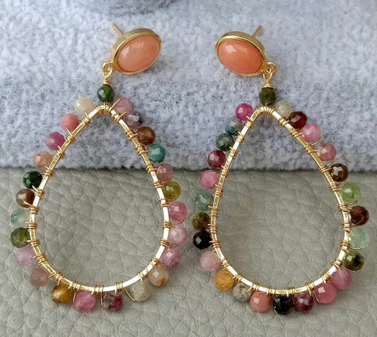 Multi-Colored Tourmaline Gemstone Dangle Hoop Earrings 2”