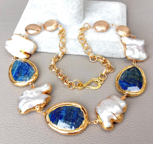 Lapis Lazuli and Keshi Pearl Gold Vermeil Chain Necklace 21“