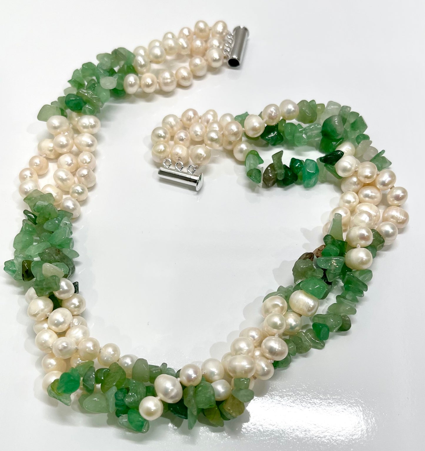Green Amazonite & Pearl Gemstone Triple-Strand Statement Necklace
