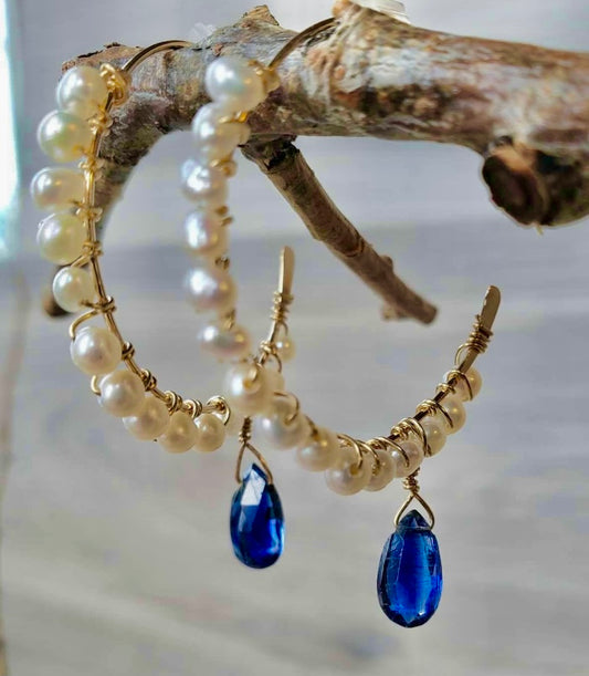 Gold-Filled Freshwater Pearl Hoops w/Kyanite Briolette Drop