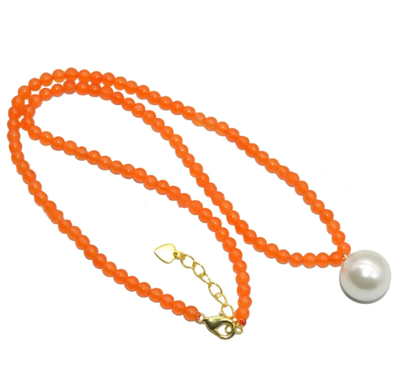 Orange Jade & Pearl Pendant Necklace – Gold Minimalist Gemstone Necklace 18”