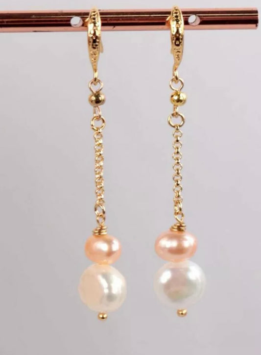 Dainty Pink & White Pearl Chain Earrings 1.5”