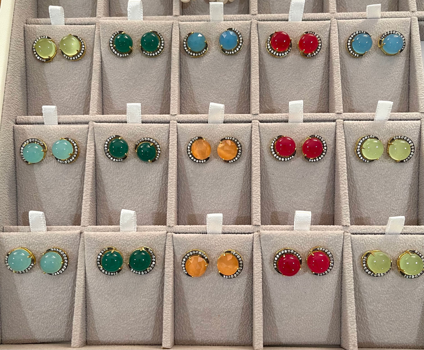 Crescent Moon Green Onyx Gold and Rhodium Stud Earrings