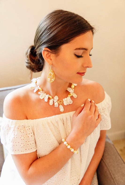 24k Brushed Gold Vermeil and White Keshi Pearls Statement Necklace 18”