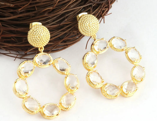 Translucent Chalcedony Gemstone Gold Twisted Statement Earrings 2”