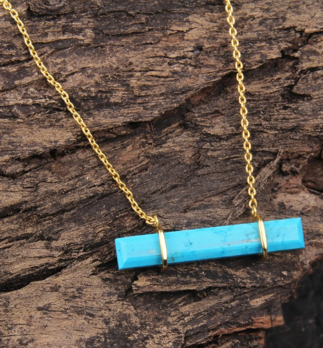 Turquoise Gemstone Gold Bar Chain Necklace 18”