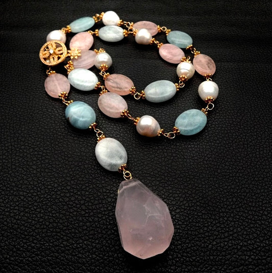 Morganite, Rose Quartz and Pearl Gemstone Statement Necklace 28