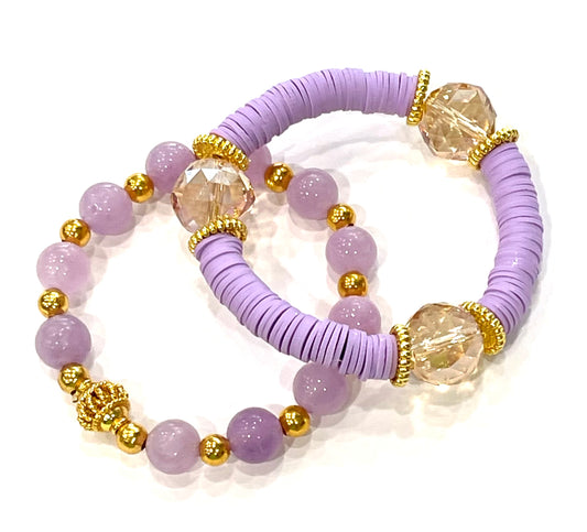 Purple Amethyst & Heishi Beaded Gold Stacking Bracelets