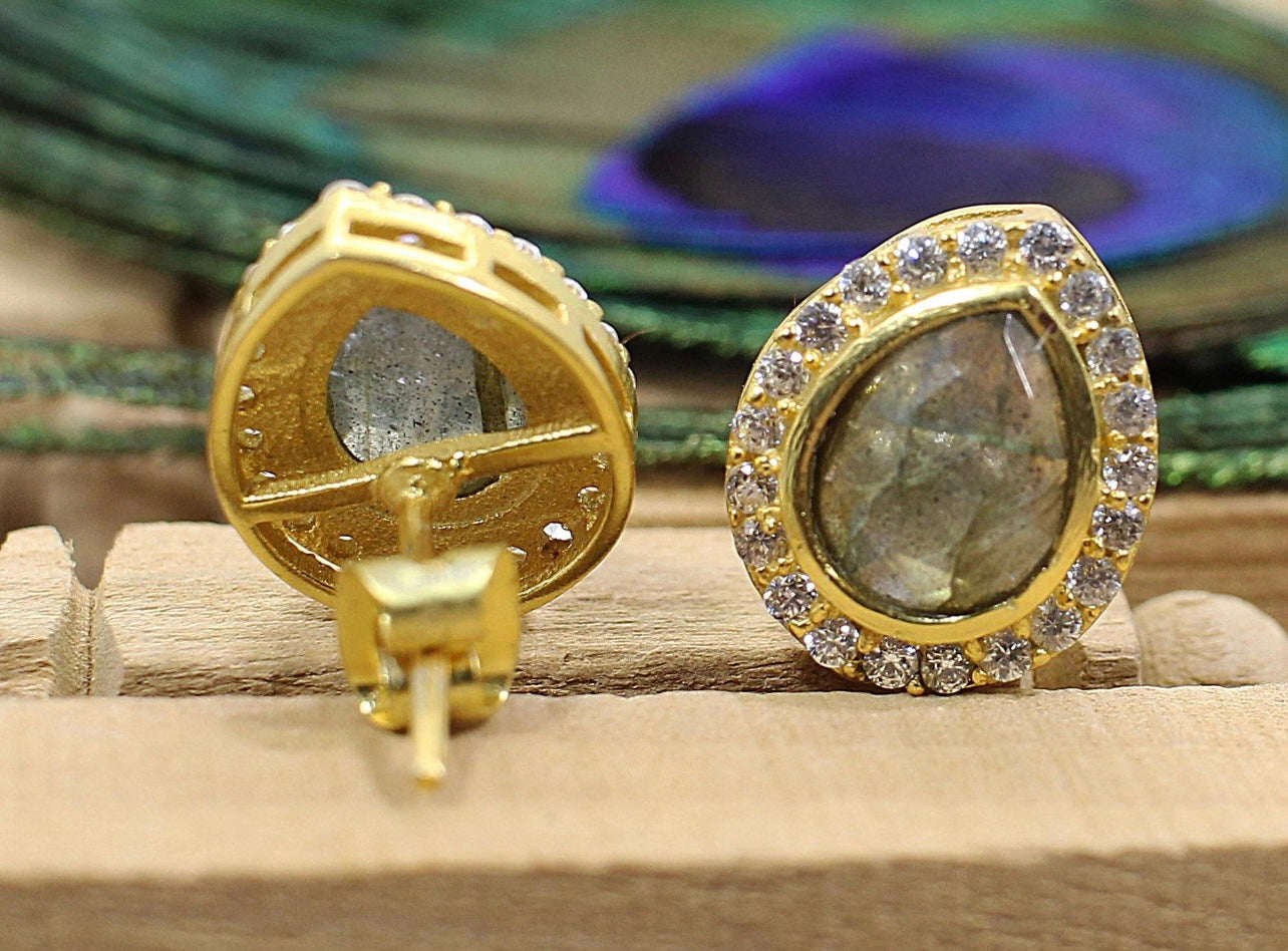 Fire Labradorite Zircon Stud Earrings 1"