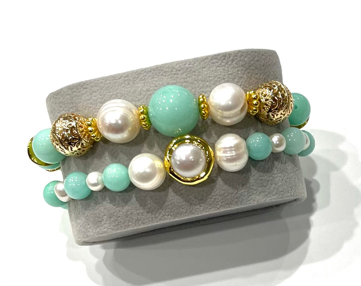 Amazonite & Pearl Gemstone Gold Bracelet Set