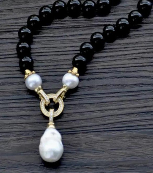 Detachable Keshi Pearl Drop & Black Onyx Gemstone Double-Knotted Statement Necklace 18