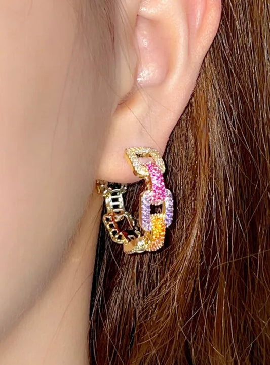 Dazzling Multi-Color Pave Crystal Cuban Chain Link Hoops Earrings 1.0”