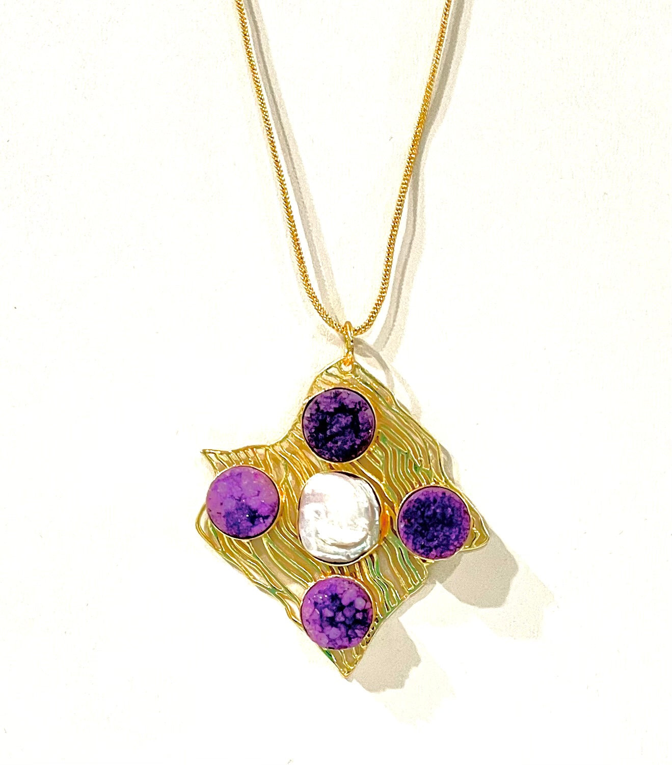 Baroque Pearl & Purple Druzy Gemstone Gold Pendant Necklace 20"