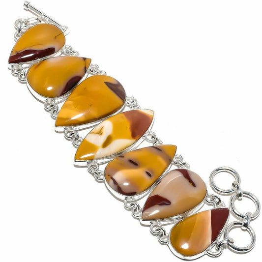 Sterling Silver Yellow & Deep-Red Mookaite Jasper Gemstone Adjustable Bracelet