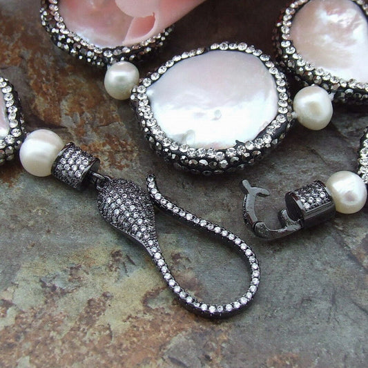 Distinctive Coin Pearls with Black Marcasite Gemstone Statement Necklace 20