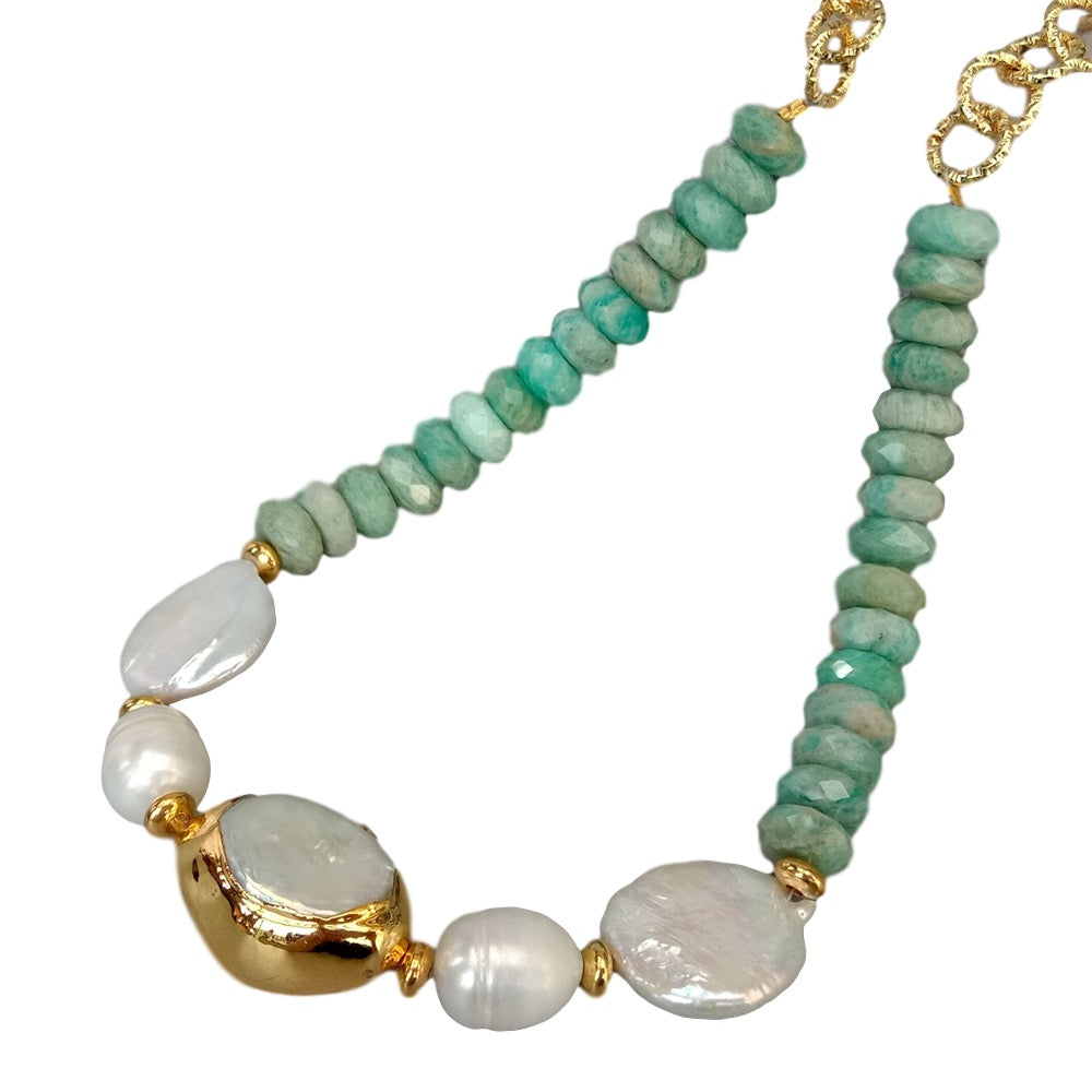 Tropical Peruvian Amazonite & White Keshi Pearl Statement Necklace 20"