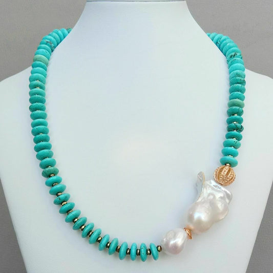 Turquoise and Freshwater Keshi Pearl Gold Statement Necklace 20