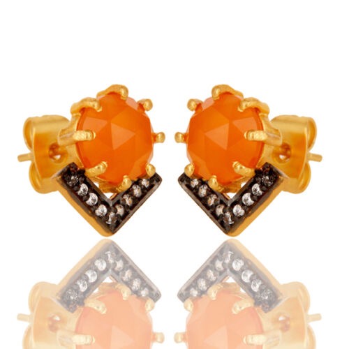 Petite Orange Carnelian and Rhodium Gold Stud Earrings