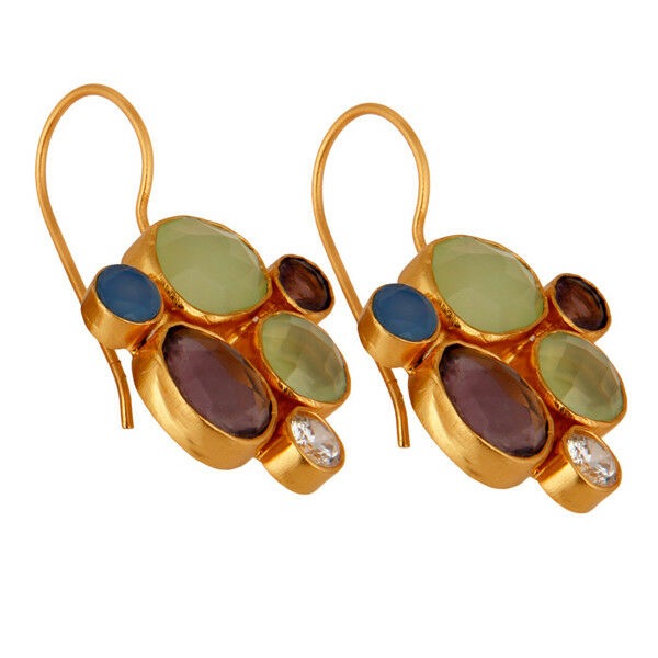 Colorful Blue, Green and Purple Chalcedony Gemstones Dangle Earrings 1.5"