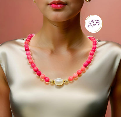 Classic Pink Rhodochrosite & Freshwater Pearl Gold Pave Statement Necklace 18"