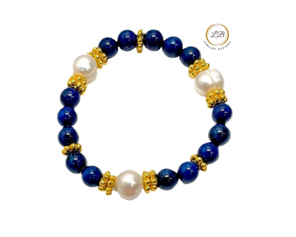 Lapis Lazuli & Baroque Pearl Gemstone Gold Beaded Bracelet