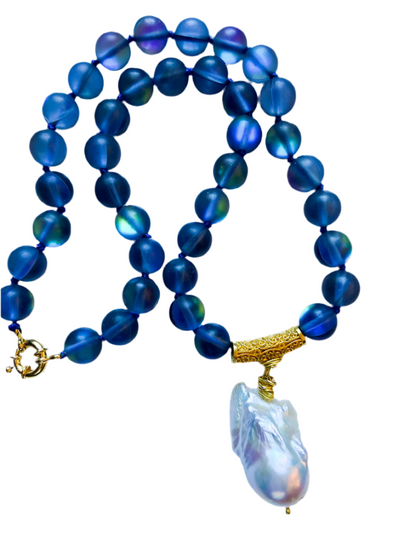 Indigo Rainbow Moonstone Baroque Pearl Pendant Necklace 18"