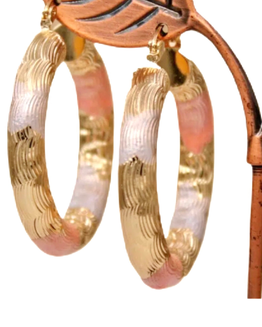 Peach and Brushed Gold Enamel Hoops 1"