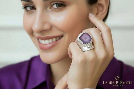 Silver Purple Solar Geode Adjustable Ring