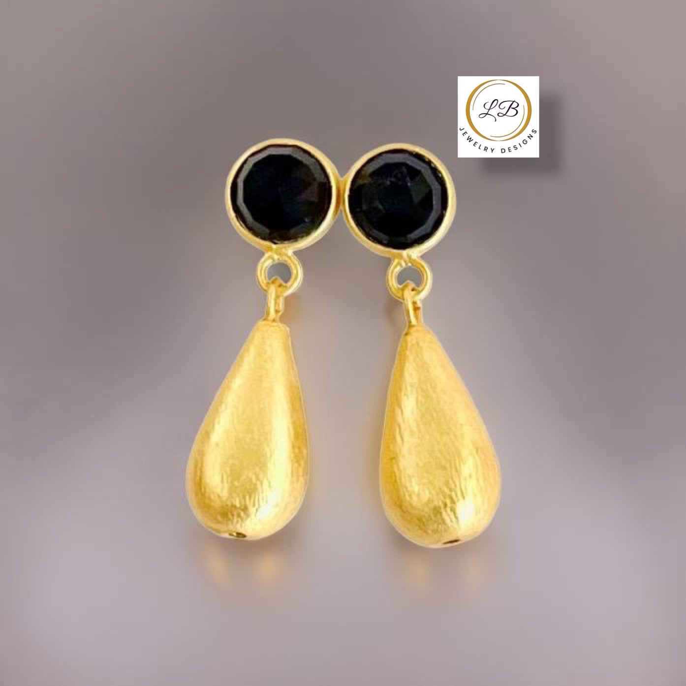 Black Onyx 22k Brushed Gold Vermeil Dangle Earrings 1.5”